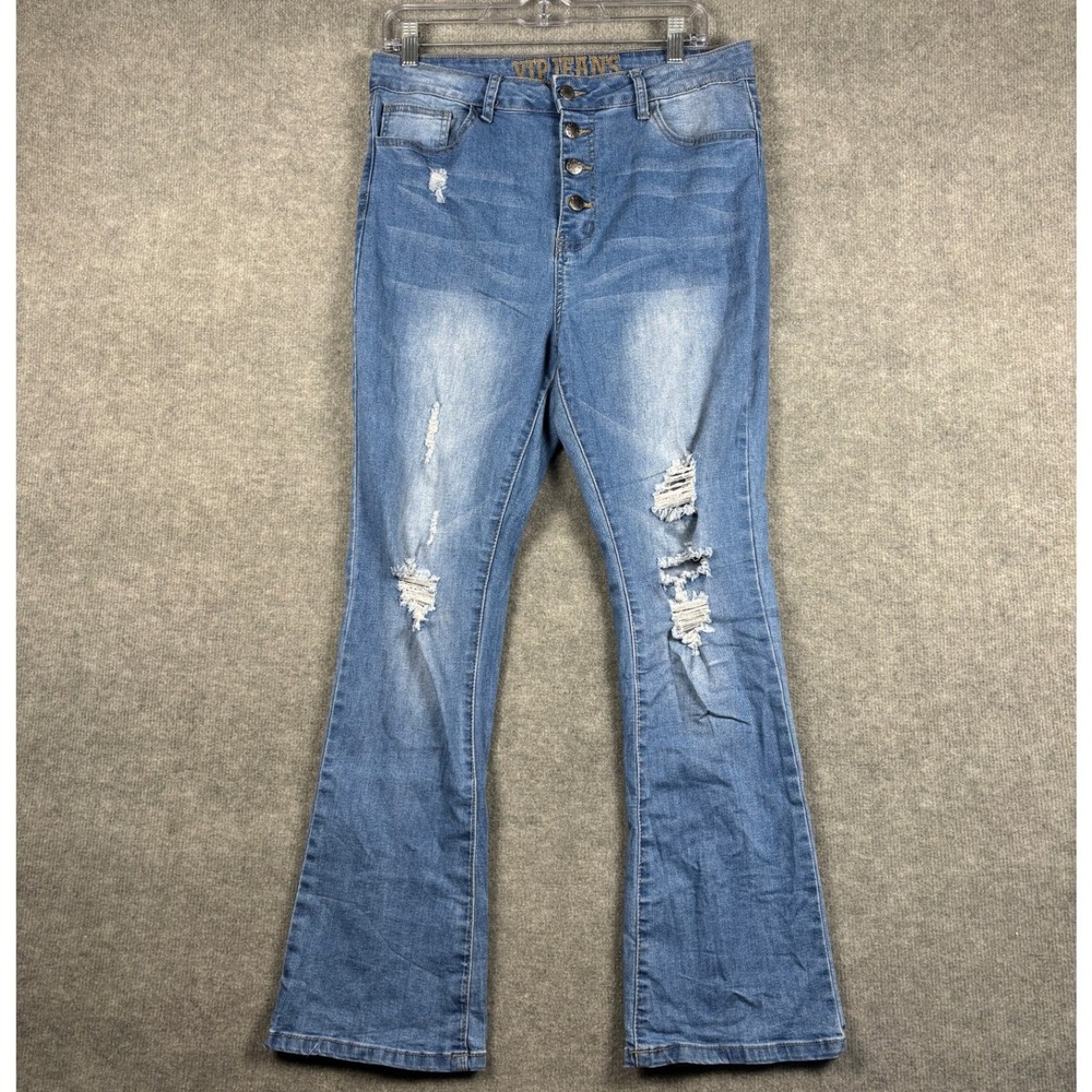 VIP Jeans Flared Button Fly Distressed‎ High Rise Jeans Size 13/14 Light Blue